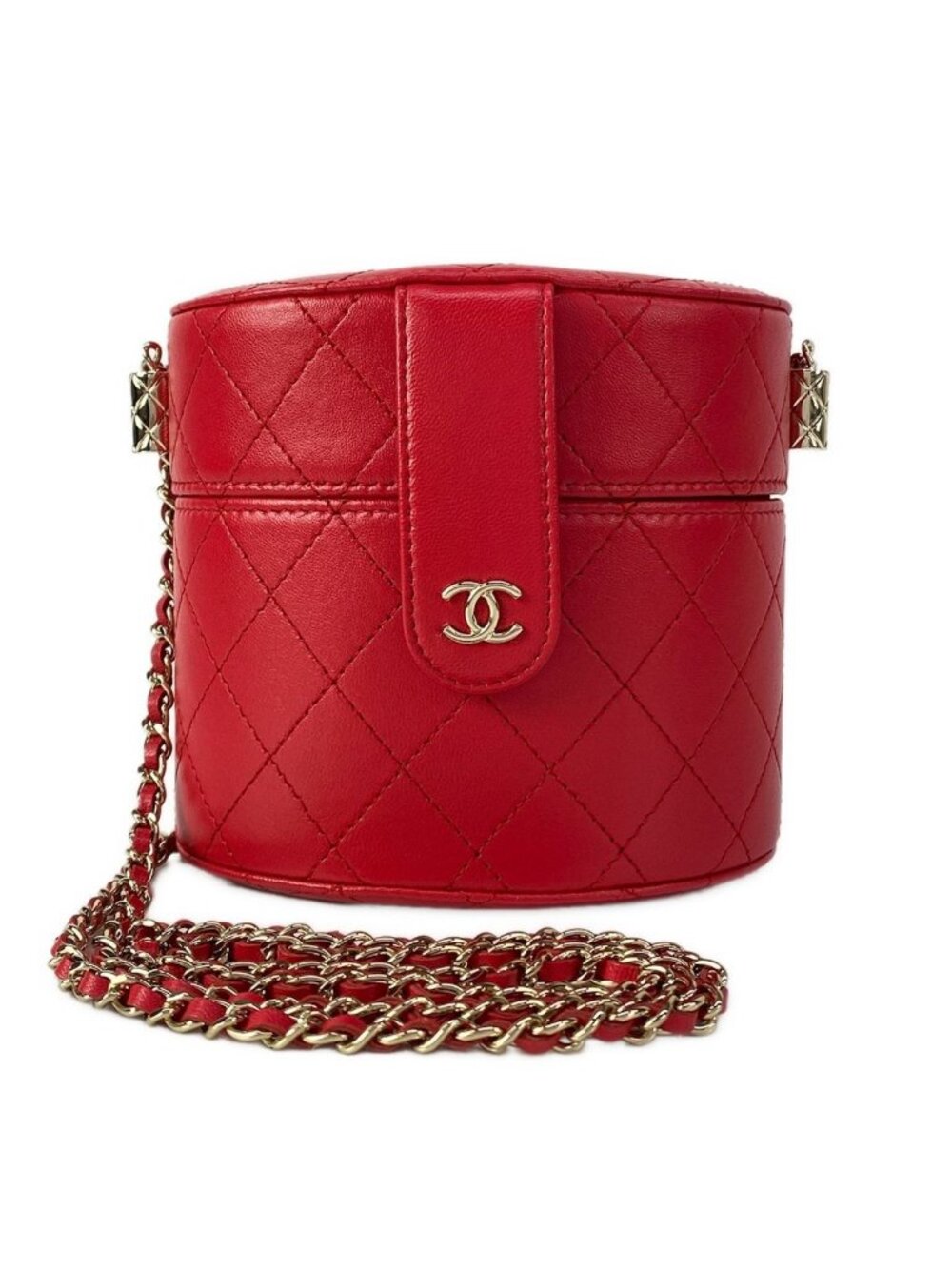 Chanel Vanity Bag Quilted Red Box Bag Chain Shoulder Gold with Mirror Mini